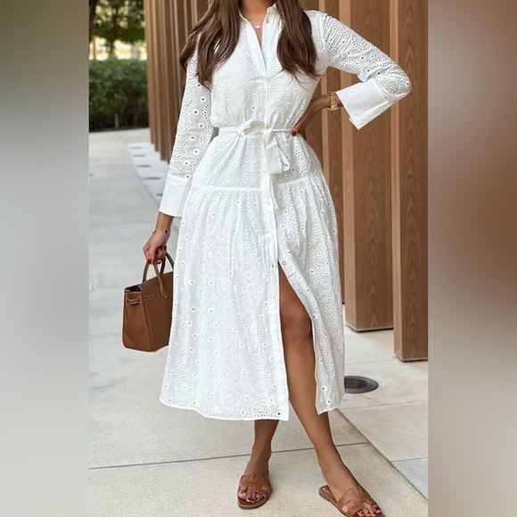 Fashion Nova Dresses & Skirts - White Eyelet Button-Front Maxi Dress with Tie Waist